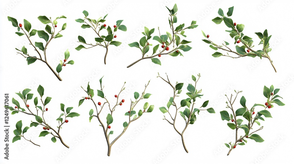 Mistletoe Branches Isolated on White Background: Christmas Decorations and Winter Flora Concept Mistletoe Branches Isolated on White Background: Christmas Decorations and Winter Flora Concept