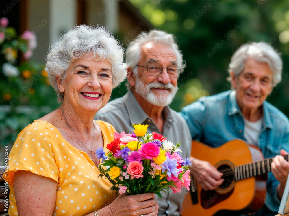 Happy elderly people relaxing in nature during summer with a guitar. Happy elderly people relaxing in nature during summer with a guitar.