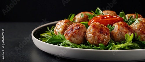 Close-Up of Side View Chicken Meatballs with Greens and Ketchup on a White Plate