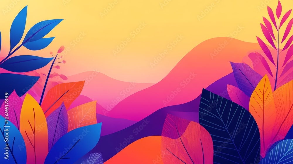 Fototapeta premium Vibrant abstract landscape with colorful foliage and soft gradient background at sunset