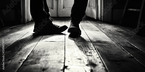 Person standing on wooden floor in front of doorway photo