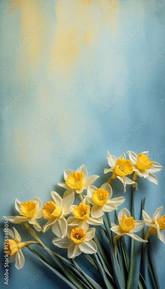 Fototapeta premium Bouquet of yellow daffodils on a blue background: a symbol of spring and new life.