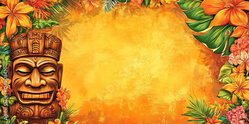 Hawaiian Luau Party with Tropical Flowers and Tiki Elements for Paradise Celebration with copy space