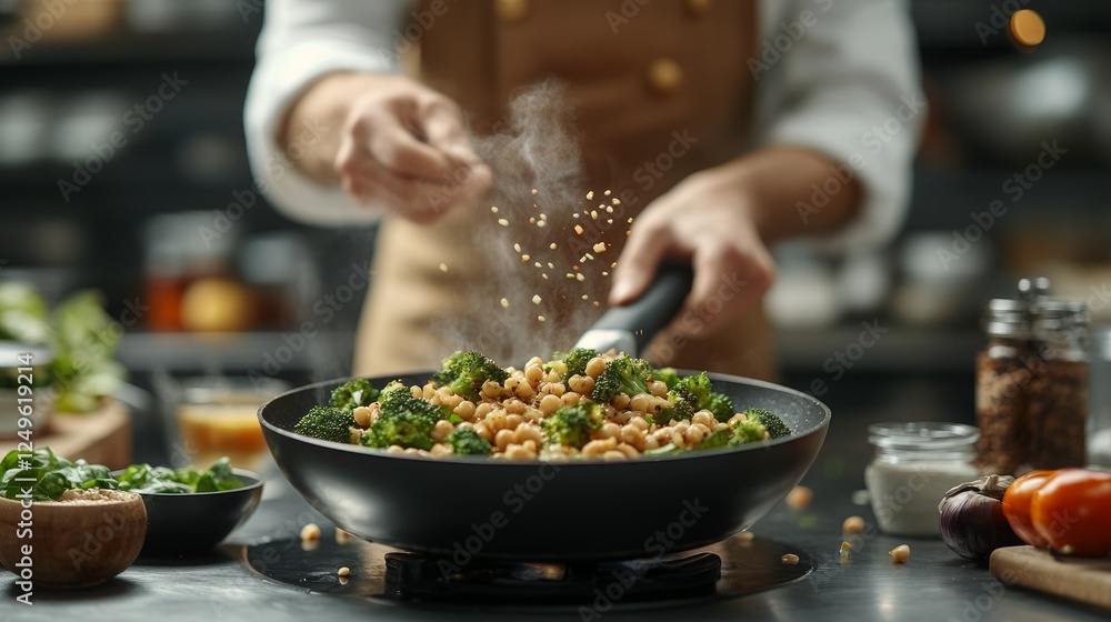 Professional chef seasoning chickpeas and broccoli in wok, surrounded by fresh produce in sleek culinary workspace