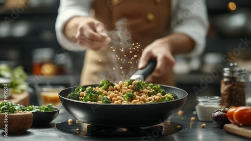 Obraz na płótnie Professional chef seasoning chickpeas and broccoli in wok, surrounded by fresh produce in sleek culinary workspace w salonie