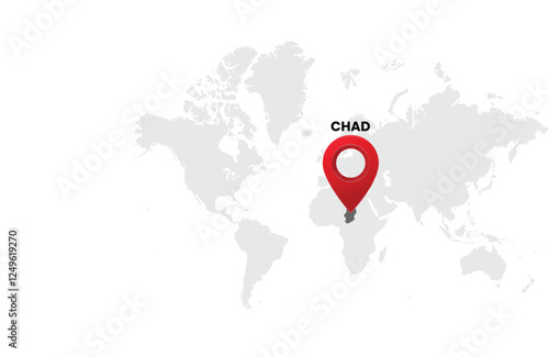 World map with country  Chad on White Background. Chad Highlighted with Location Symbol. Vector Illustration of Map and Pin Location of Chad Country.