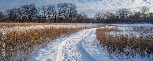 Snow-covered path winding through a serene winter field under a bright, clear sky with soft clouds