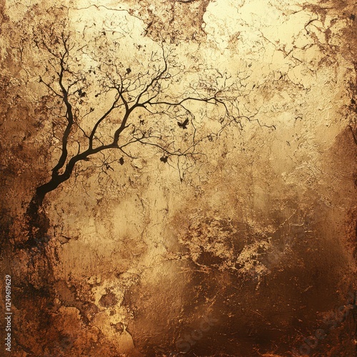 Silhouette tree with birds against textured golden background is displayed