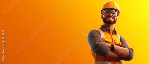 Confident Caucasian Builder in Uniform Wearing Safety Glasses and Hardhat at Construction Site