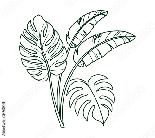 Botanical Line Art – Tropical Leaves". It features detailed black-and-white line drawings of tropical leaves, including monstera and banana leaves, showcasing intricate line work and shading.