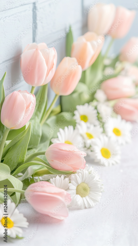 Elegant display of pink tulips and white daisies for spring decoration and floral inspiration Elegant display of pink tulips and white daisies for spring decoration and floral inspiration