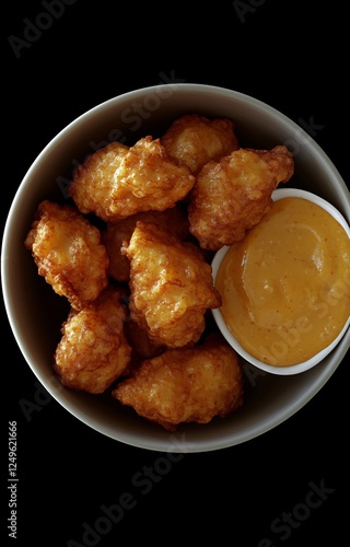 Ultra Detailed Top Down View of Crispy Chicken Nuggets with Dipping Sauces Shot on a Solid White Background