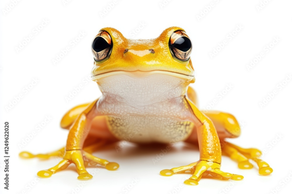 Yellow tree frog sitting upright on a white background with a curious expression Yellow tree frog sitting upright on a white background with a curious expression