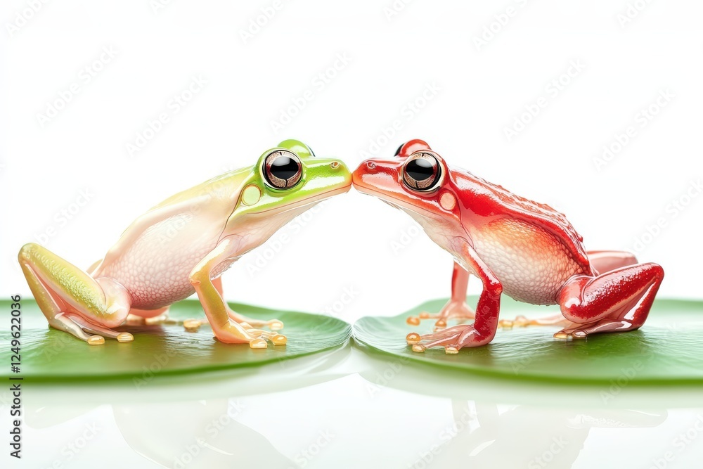 Naklejka premium Green and red tree frogs touching noses on a white background