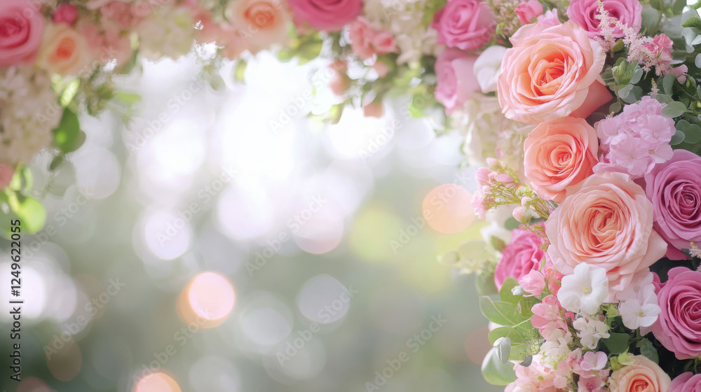 Elegant blooming archway with roses for wedding or spring celebration Elegant blooming archway with roses for wedding or spring celebration