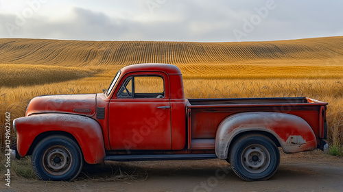 Vintage red pickup truck parked in a field of golden wheat on a dirt road.