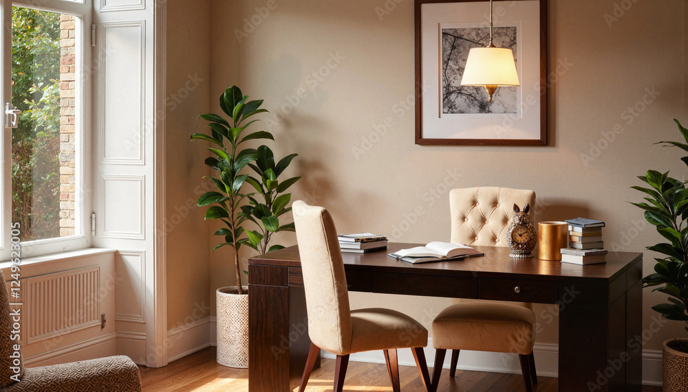 Elegant home office with warm light and modern decor, cozy ambiance Elegant home office with warm light and modern decor, cozy ambiance