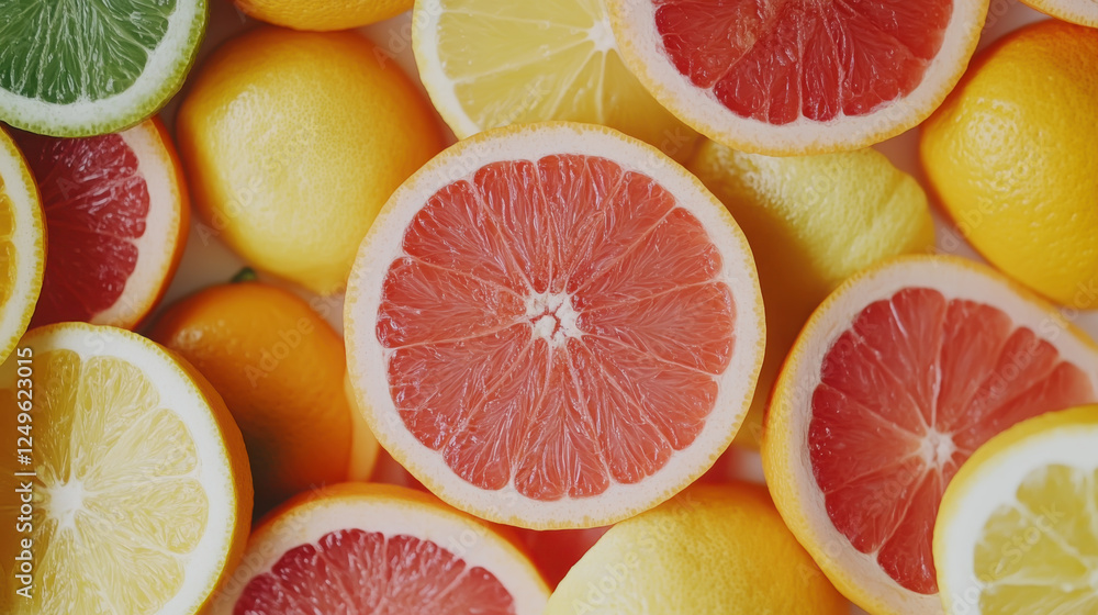 Fresh citrus medley with sliced grapefruit, lemon, lime, and orange for vibrant display Fresh citrus medley with sliced grapefruit, lemon, lime, and orange for vibrant display