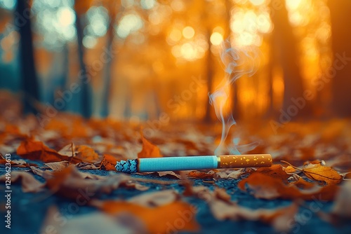 close-up of unextinguished cigarette lies on ground with orange leaves on blurred autumn forest background with warm sunlight photo