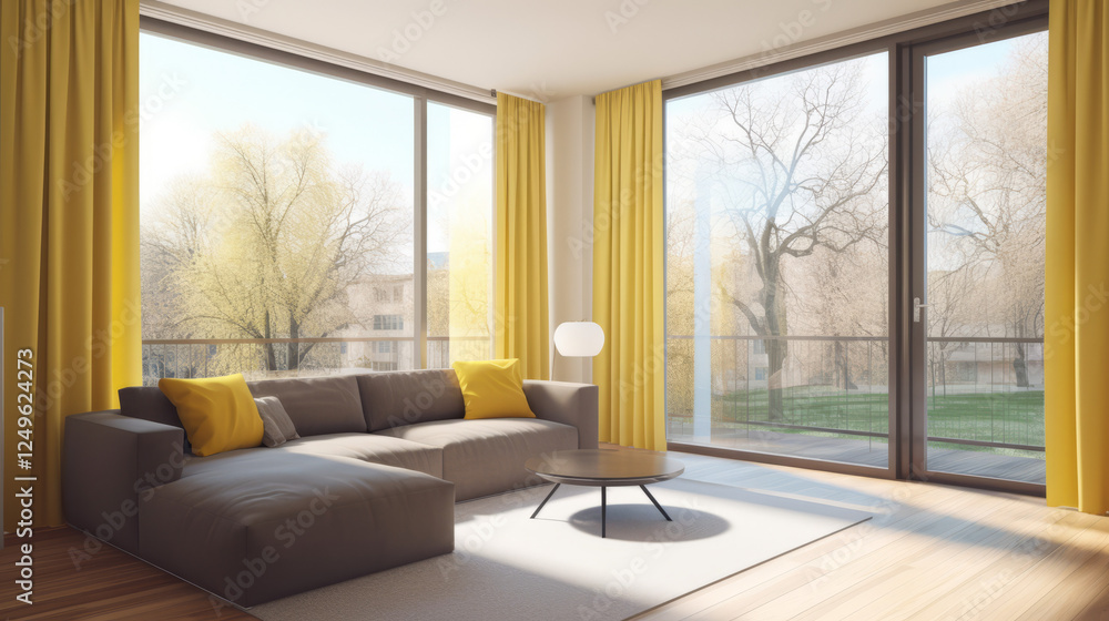 Fototapeta premium A vibrant living room featuring a teal sofa with white cushions on one side
