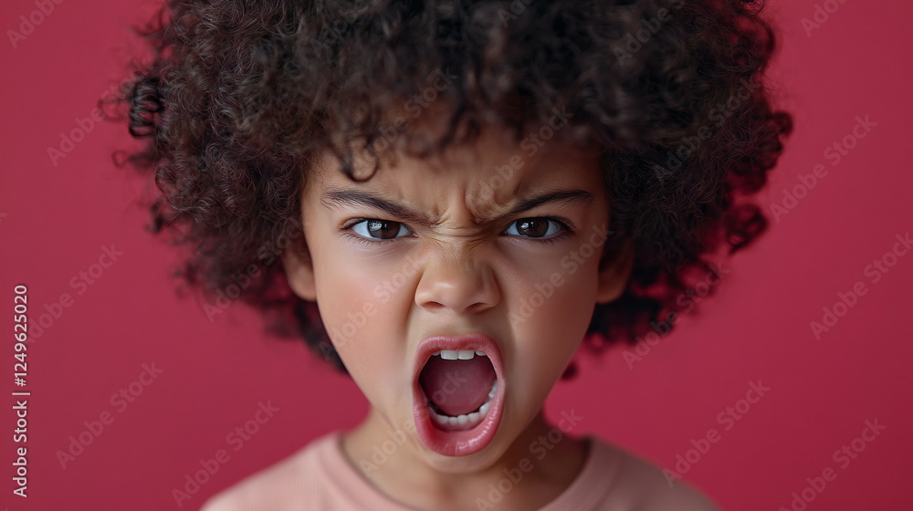 Child with curly hair expressing anger against a vibrant red background during an intense moment Child with curly hair expressing anger against a vibrant red background during an intense moment
