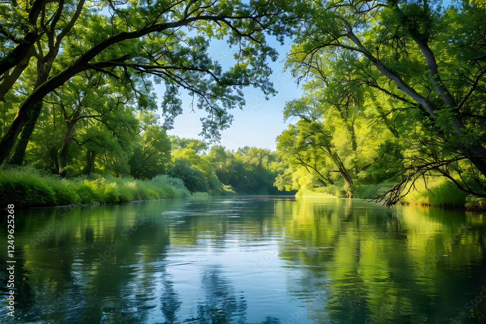 Tranquil Forest River with Lush Greenery and Reflective Waters