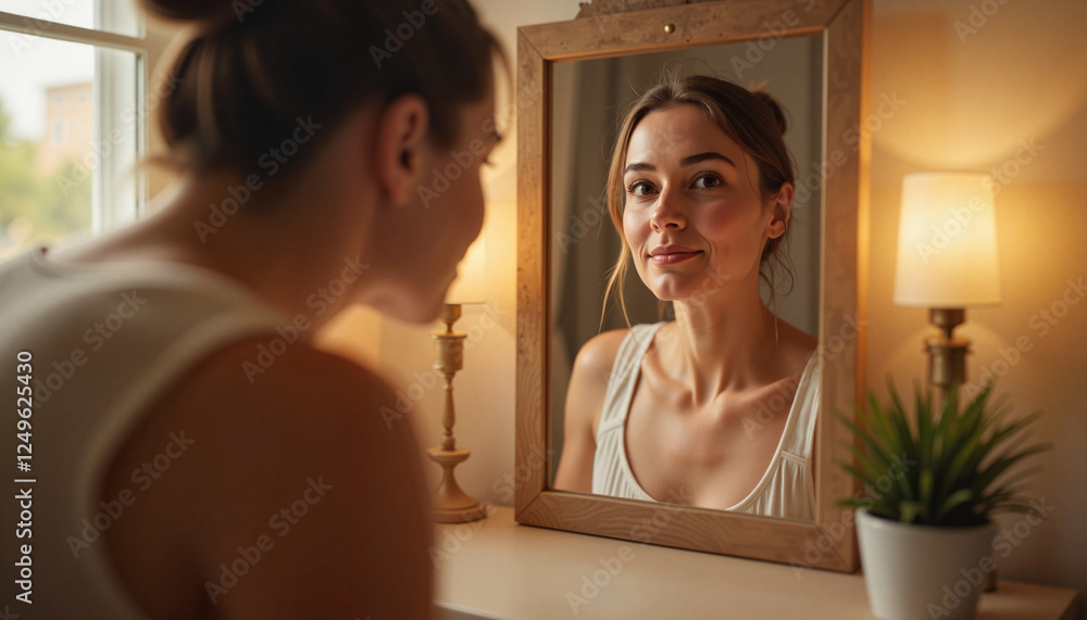 Person looking in a mirror with calm expression at home Person looking in a mirror with calm expression at home