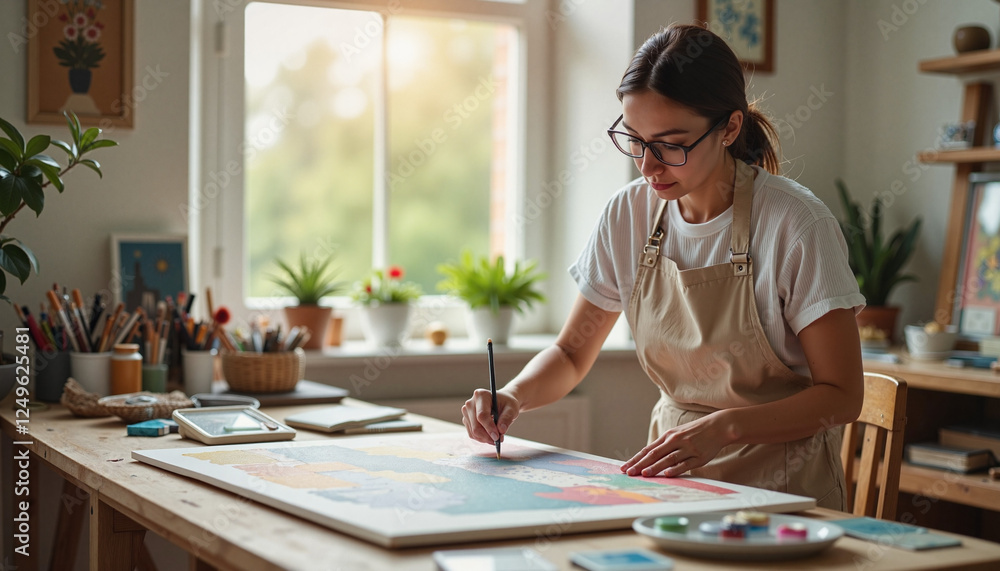 Focused artist creating vibrant painting in indoor studio, artistic expression Focused artist creating vibrant painting in indoor studio, artistic expression
