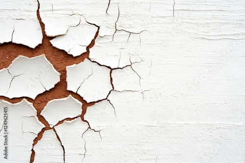 Cracked white plaster revealing brown underlayer on a weathered wall in natural light photo