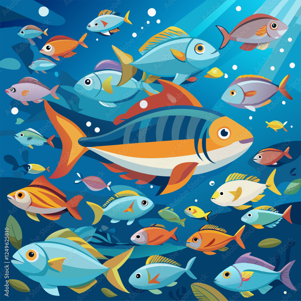 Obraz premium Colorful cartoon fish, underwater scene, coral reef, vibrant colors, playful fish characters, bubbles