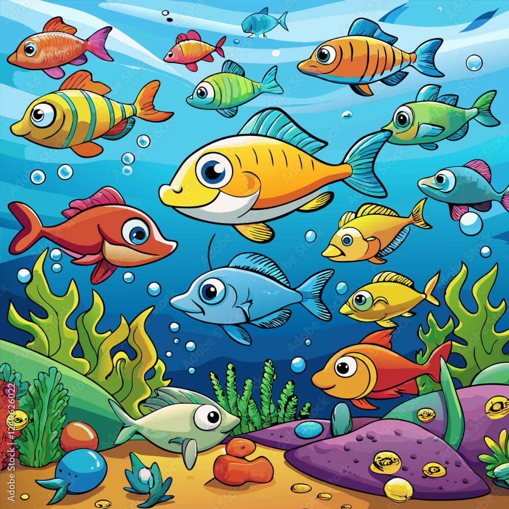 Fototapeta premium Colorful cartoon fish, underwater scene, coral reef, vibrant colors, playful fish characters, bubbles