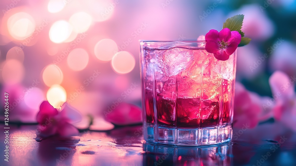 a glass of Valentine's mocktail with bokeh light dreamy drink background a glass of Valentine's mocktail with bokeh light dreamy drink background