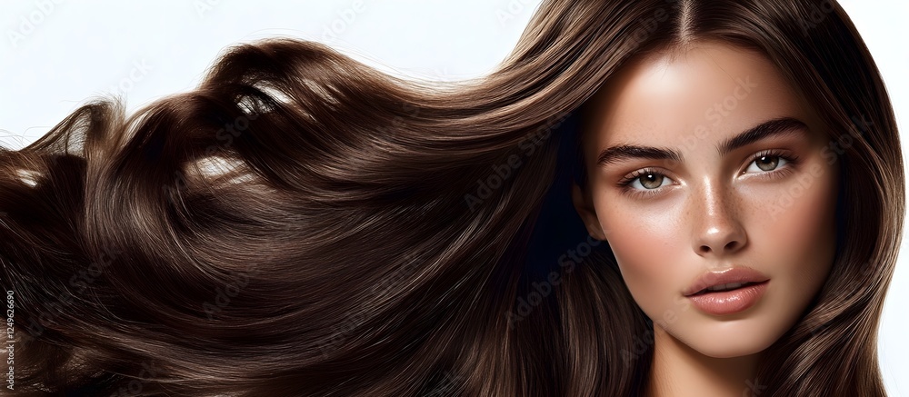 Obraz premium A captivating beauty portrait of a flawless model, an editorial fashion shoot. Insanely detailed photo of a beautiful woman with long hair, hair treatment adverstising. Generative AI