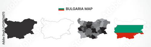 Detailed Bulgaria Map Collection with Outline, Silhouette, Provinces, and Flag Overlay Variations