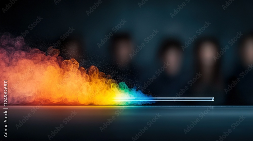 Fototapeta premium A rainbow-colored cloud of smoke sits atop a table alongside two dark-skinned men