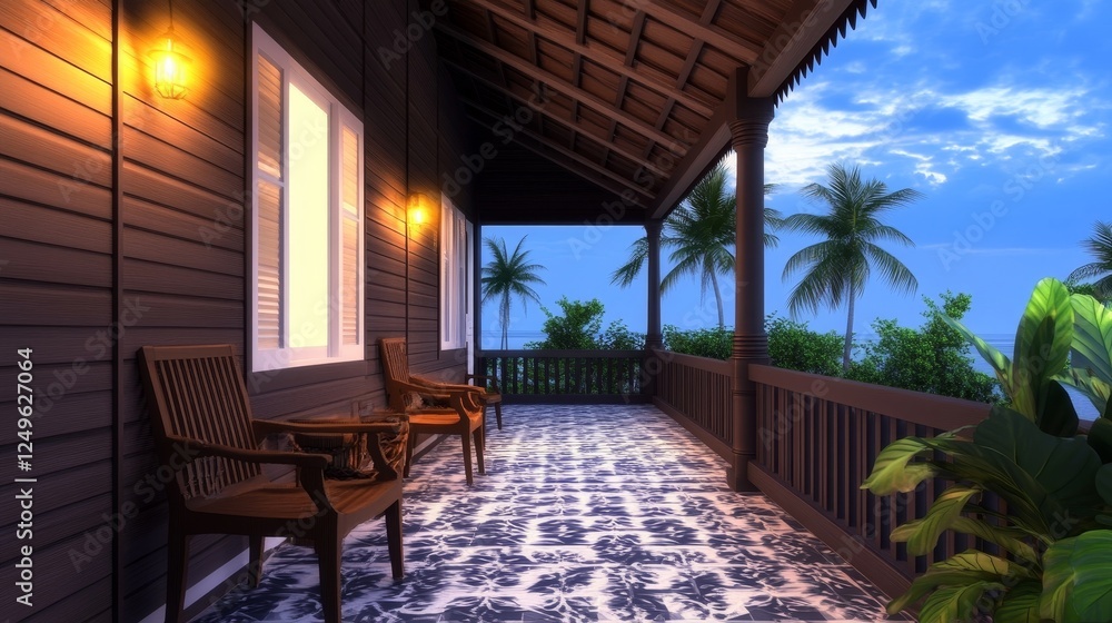 Fototapeta premium Serene evening on a tropical porch with wooden chair, ocean view, and lush greenery in the background