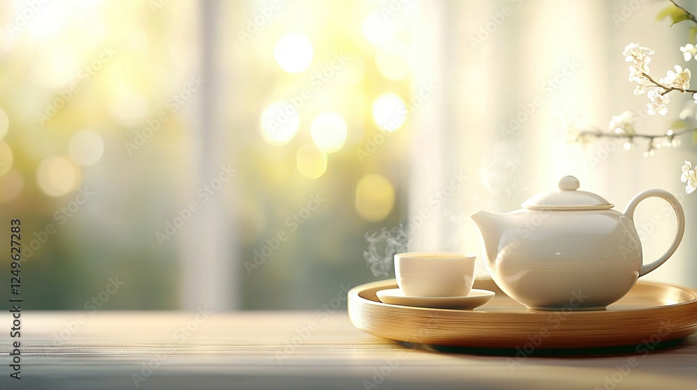 Teapot & cups on tray, sun through curtained window Teapot & cups on tray, sun through curtained window