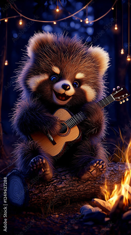 highly detailed 8k digital artwork featuring a red panda playing a guitar by a campfire in a forest setting. the warm glow of fire and soft ambient lighting create a cozy and magical atmosphere. the c highly detailed 8k digital artwork featuring a red panda playing a guitar by a campfire in a forest setting. the warm glow of fire and soft ambient lighting create a cozy and magical atmosphere. the c