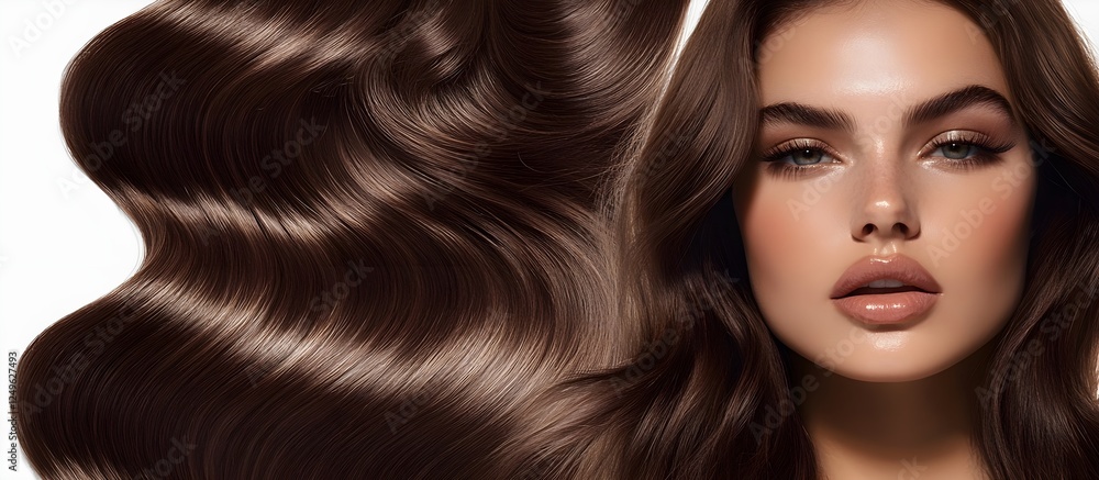 Obraz premium A captivating beauty portrait of a flawless model, an editorial fashion shoot. Insanely detailed photo of a beautiful woman with long hair, hair treatment adverstising. Generative AI