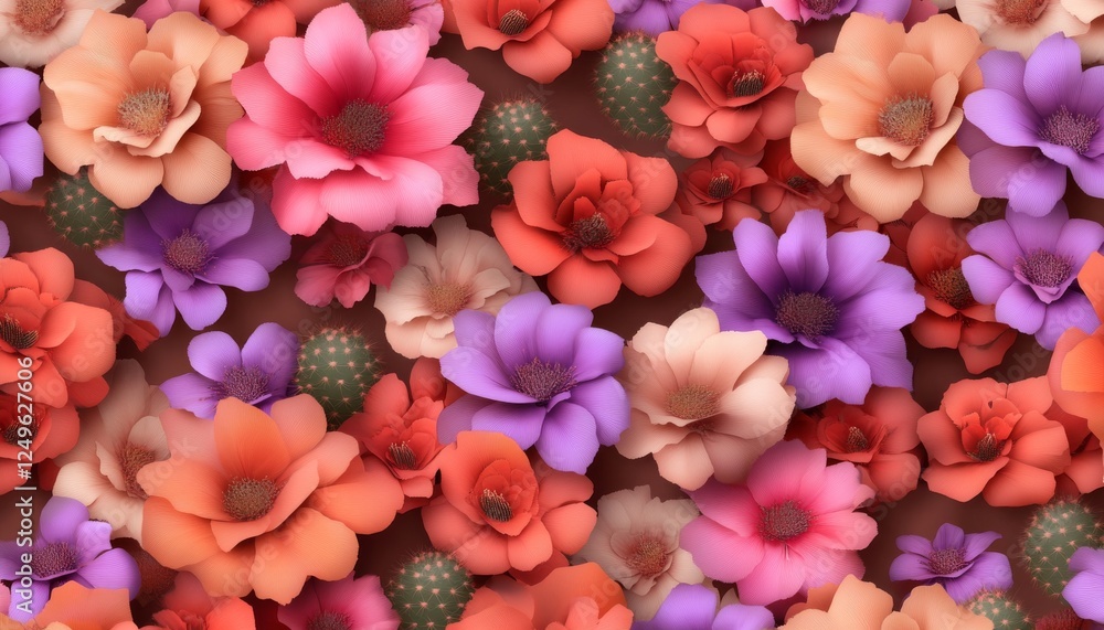 Obraz premium Colorful paper flowers and cacti background design, flat lay, studio shot, website banner