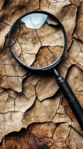 Magnifying glass over a cracked and textured parchment surface photo