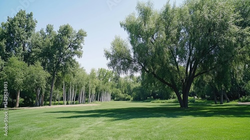 Bright summer day showcases a large oak tree casting shadows in a green field, with birch trees in the foreground under a clear blue sky