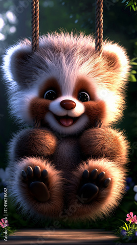highly detailed 8k digital artwork of a red panda joyfully swinging in a whimsical and colorful setting. the scene is filled with vibrant decorations, floral elements, and soft lighting, creating a dr