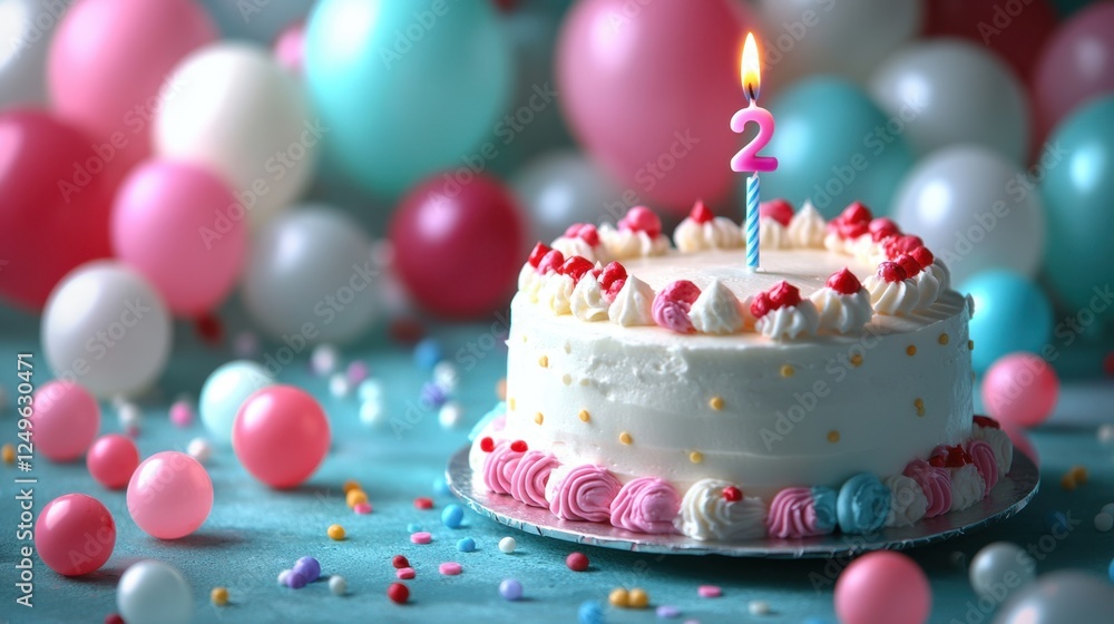 Celebration of a joyful second birthday with a colorful cake and festive balloons Celebration of a joyful second birthday with a colorful cake and festive balloons