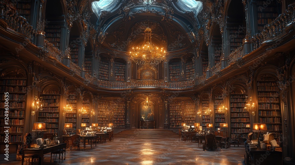 A grand, ornate library filled with books and illuminated by chandeliers. A grand, ornate library filled with books and illuminated by chandeliers.