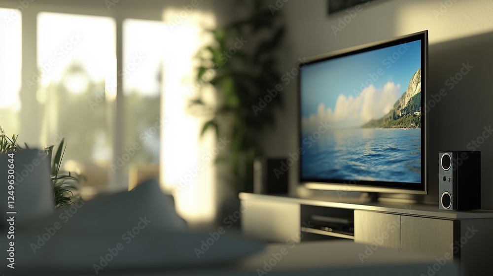 Fototapeta premium A large tv screen is on display in a living room. Living room with big windows and a big window. Ai tv with generative screen. A big television screen is showcased in the living room lifestyle.