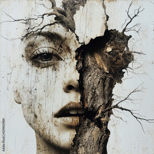 A conceptual portrait blends a female face with tree bark