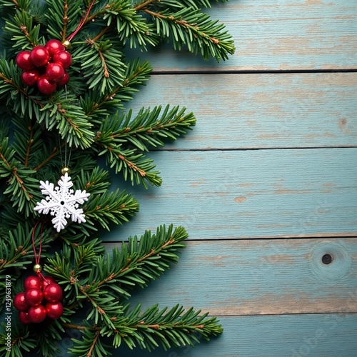 Classic Christmas fir against weathered wood, delicate snowflakes , decoration, vintage, background