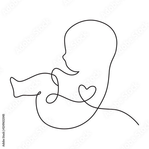 Baby in the womb heart shaped with umbilical cord Line drawing Logo.
