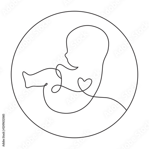 Baby in the womb heart shaped with umbilical cord Line drawing Logo.